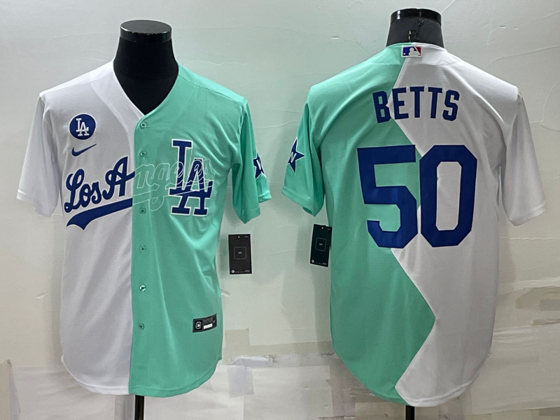 Men's Los Angeles Dodgers #50 Mookie Betts 2022 All-Star White/Green Cool Base Stitched Baseball Jersey Men's Los Angeles Dodgers #50 Mookie Betts 2022 All-Star White/Green Cool Base Stitched Baseball Jersey
